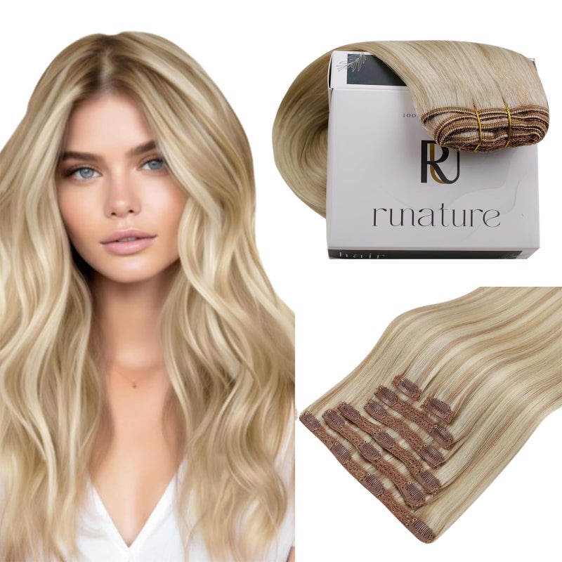 RUNATURE Blonde Hair Extensions Clip Ins 14 Inch 120g Thick Clip in Hair Extensions Real Human Hair Full Head Remy Brazilian Human Hair Clip Ins Add Hair Volume 18P60 Ash Blonde Highlights